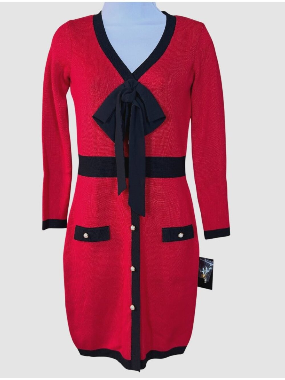 Taylor LS Faux Button Front V Neck Button & Bow Accent Red Sweater Dress XS NWT